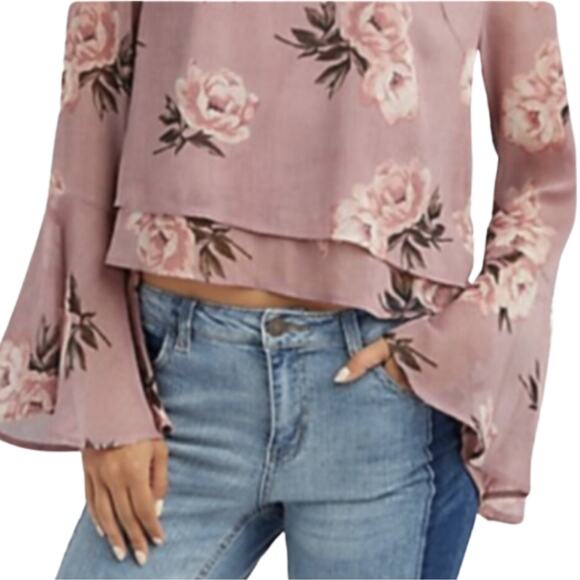 Cropped Pop-Over Boho Floral Festival Blouse with Bell Sleeves Women's Medium - Picture 1 of 7